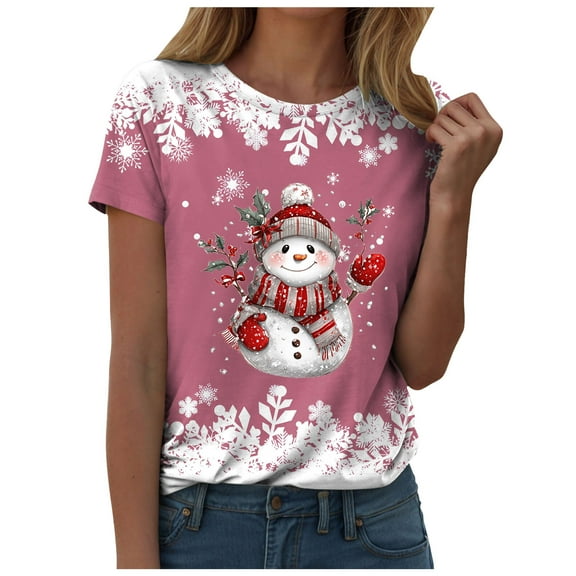 larppty Christmas Shirts Women Snowflake Snowman Christmas Tshirt Funny Merry Xmas Graphic Tee Tops (Pink, S)