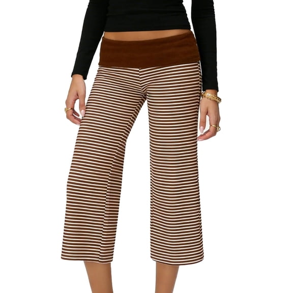 Fold Over Capri Pants for Women Low Rise Wide Leg Yoga Capris Summer Cute Going Out Flowy Gaucho Pants Streetwear, M