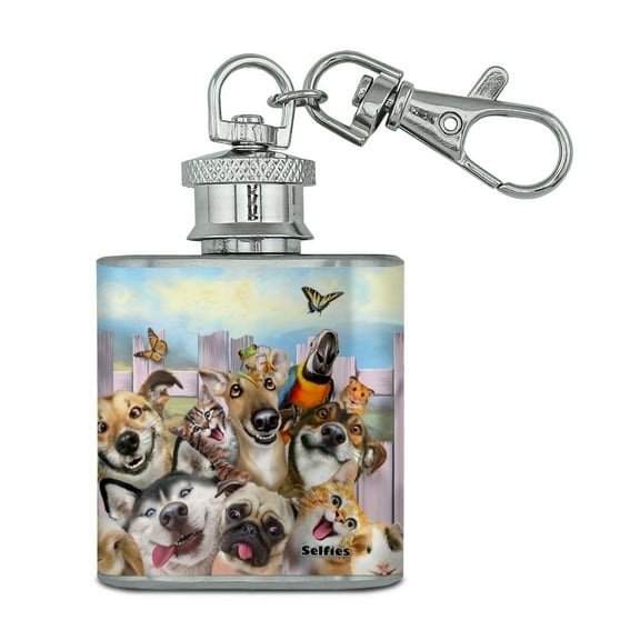 Pet Animals Selfie Dogs Cats Rabbit Hamster Guinea Pig Stainless Steel 1oz Mini Flask Key Chain