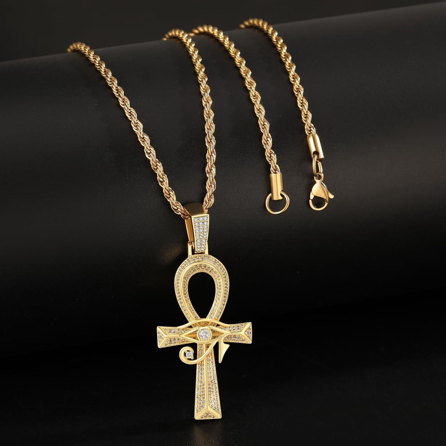 Leander Eye of Horus Ankh Cross Pendant Necklace 18K White Gold Plated Iced Out CZ Ancient Egyptian Religious Symbol Protection Chain Jewelry for Men Women Christmas Birthday Gift