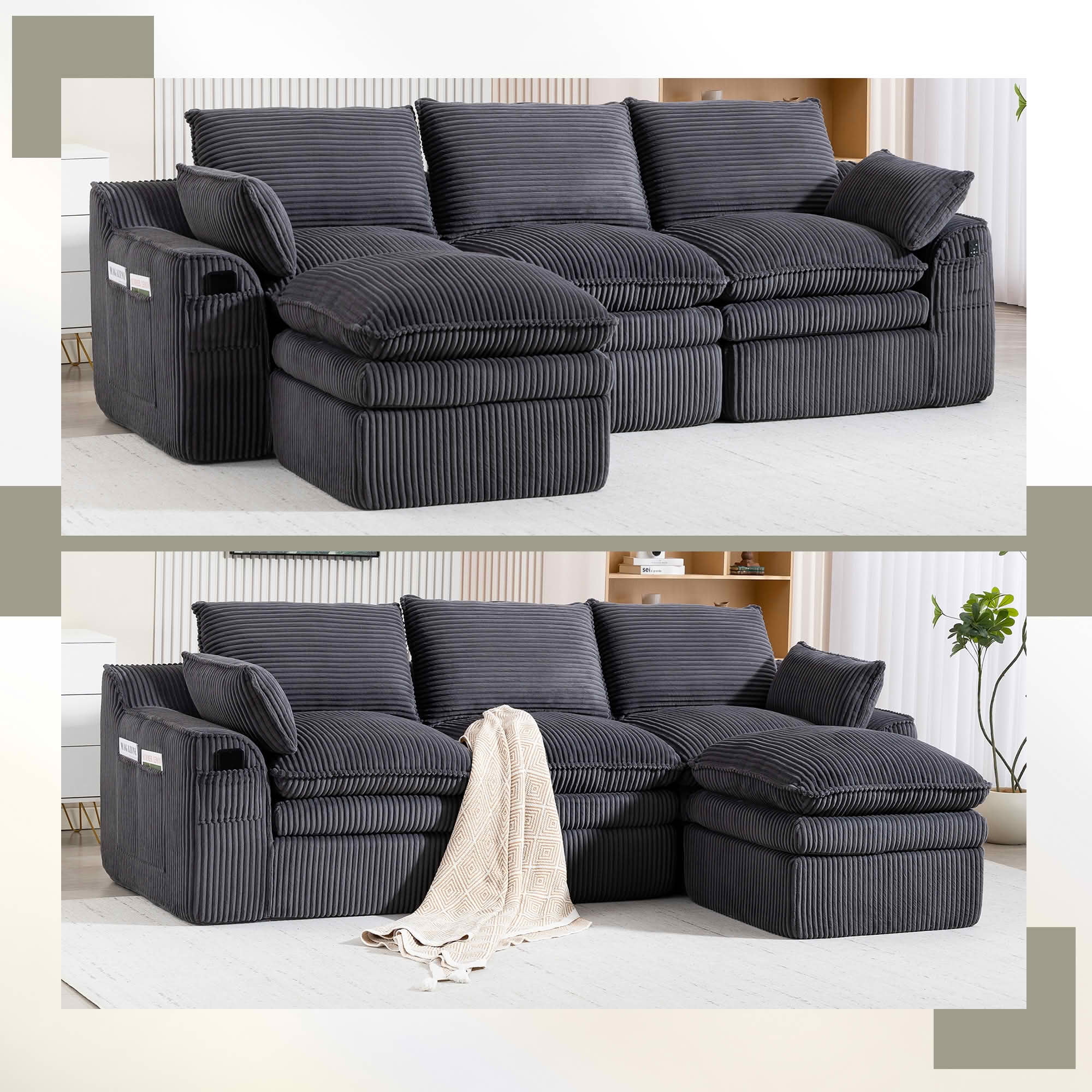 MAYEERTY Modular L Shape Corduroy Sectional Sofa, Compressed Boneless Cloud Couch with Footstool & Pillows for Small Living Space