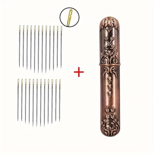 HLONK 1pc Vintage Embossed Alloy Needle Case With 12/24pcs Side Threading Blind Needles Set Sewing Needle Storage Container Elegant Craftsmanship