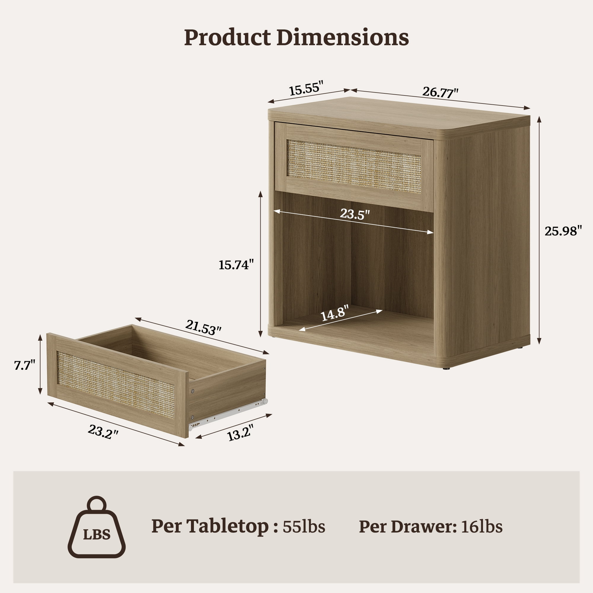 SICOTAS Rattan 27"W Nightstand, Boho Bedside Table with Large Drawer & Open Storage Shelf, Coastal Nightstand, Small Farmhouse Wood End Side Table for Bedroom, Living Room, Natural Oak
