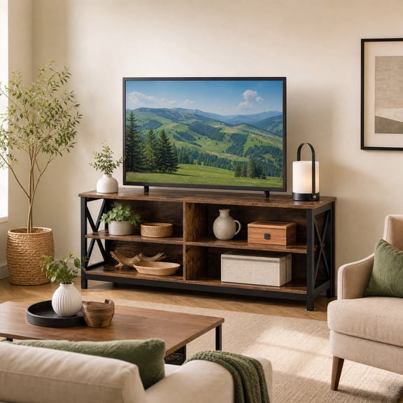 Farmhouse TV Stand for TVs up to 55 " with X-Shaped Frame, Entertainment Center Media Console with Storage Shelves, Rustic Brown