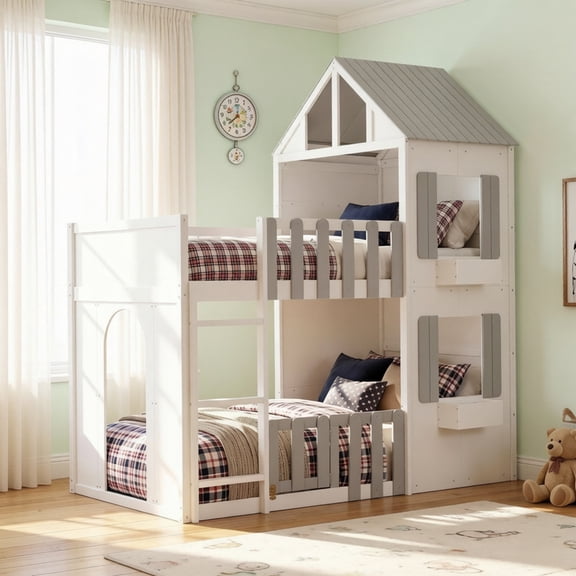 Twin over Twin House-Shaped Bunk Bed with Roof and Window, Kids/Teens Playful Designed Bed Frame with Fence and LED Light