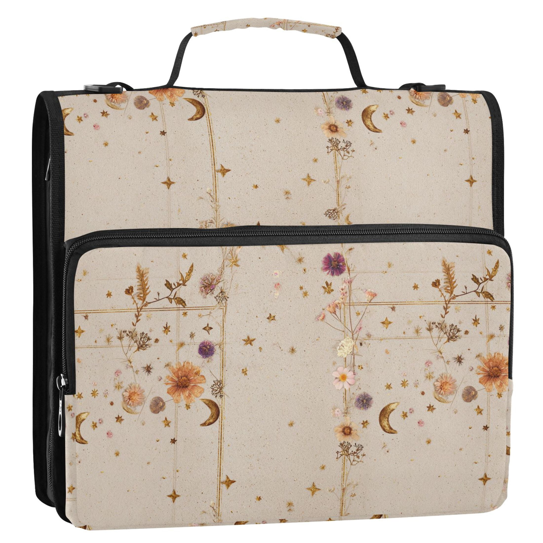 Zipper Binder Retro Texture Flowers Moon 1.5 Inch Binder Folder Bag with Shoulder Strap and Handle