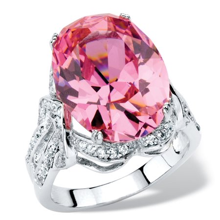 - 13.24 TCW Oval-Cut Simulated Pink Tourmaline Cubic Zirconia Cocktail Ring with White CZ Accents Platinum-Plated