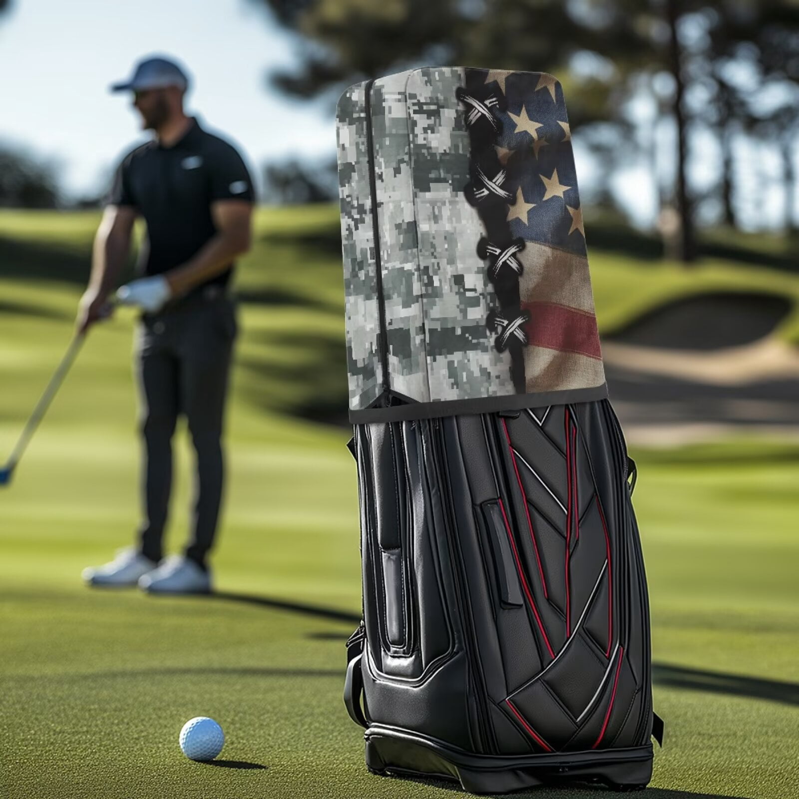 Chririnla American Flag Golf Bag Cover Hood Waterproof Dustproof Heavy Duty Camouflage Rain Cover for Golf Bag Foldable Removable Protective Your Golf Gear from Dust Rain Sun