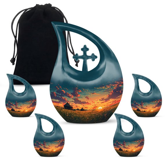 MUKTIVE Sunset Urns, Funeral Urns for Adult Ashes Women, Combo Sets Cremation Blue Urn for Male Dad, Burial Cremation Urn for Female Mom, Funeral for Man (Size, (1 Large 10 ", 4 Keepsake 3 ")