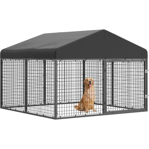 1-Pack 79×79-Inch Outdoor Dog Enclosure with Roof for Backyard Safety – Galvanized Silver Steel