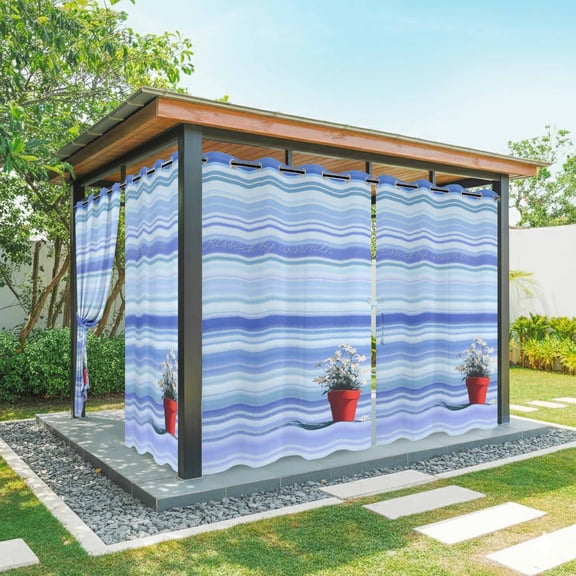Outdoor Curtains for Patio Waterproof, Blue Ombre Striped Daisy Outdoor Privacy Panels Grommet, Vintage Flowers Abstract Art Blackout Outside Curtains for Porch/Cabana 54"x84", 2 Panels