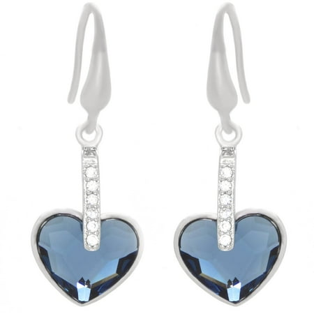 Designer Wood Earrings - American Designs Clear CZ and Blue Swarovski Crystal Sterling Silver Heart Love Designer Dangle Drop French Wire Earrings