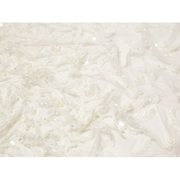 Graduated Feather Look Beaded Couture Bridal Lace Dress Fabric Ivory - per yard