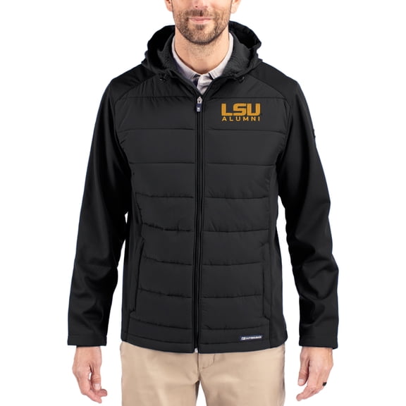 Men's Cutter & Buck Black LSU Tigers Evoke Hybrid Eco Softshell Recycled Full Zip Hooded Jacket