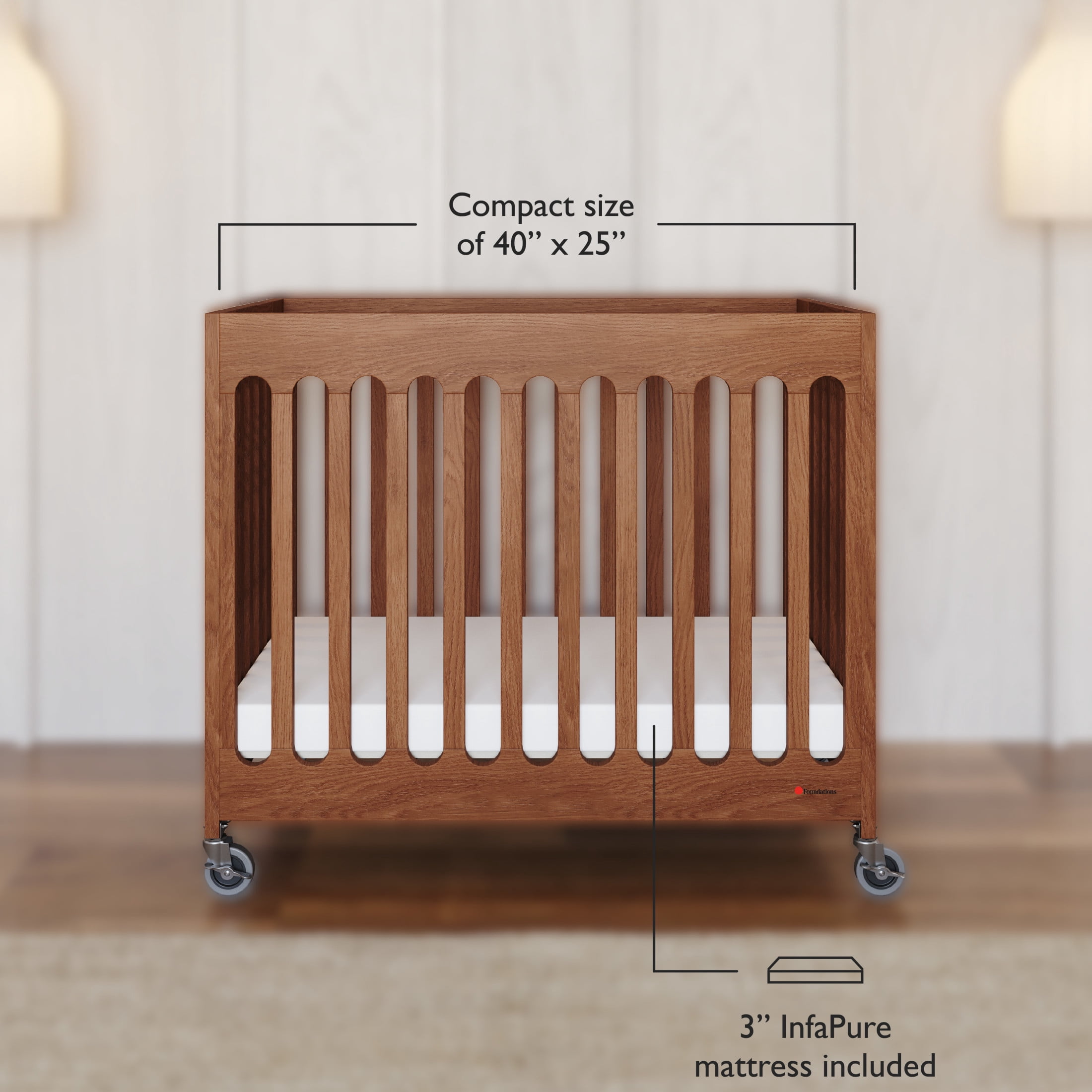 Foundations Boutique Folding Hotel Crib and Sheet Bundle - Includes Wooden Mini Crib with 3" Foam Mattress (Cherry) and 6-Pack White Fitted Compact Crib Sheets