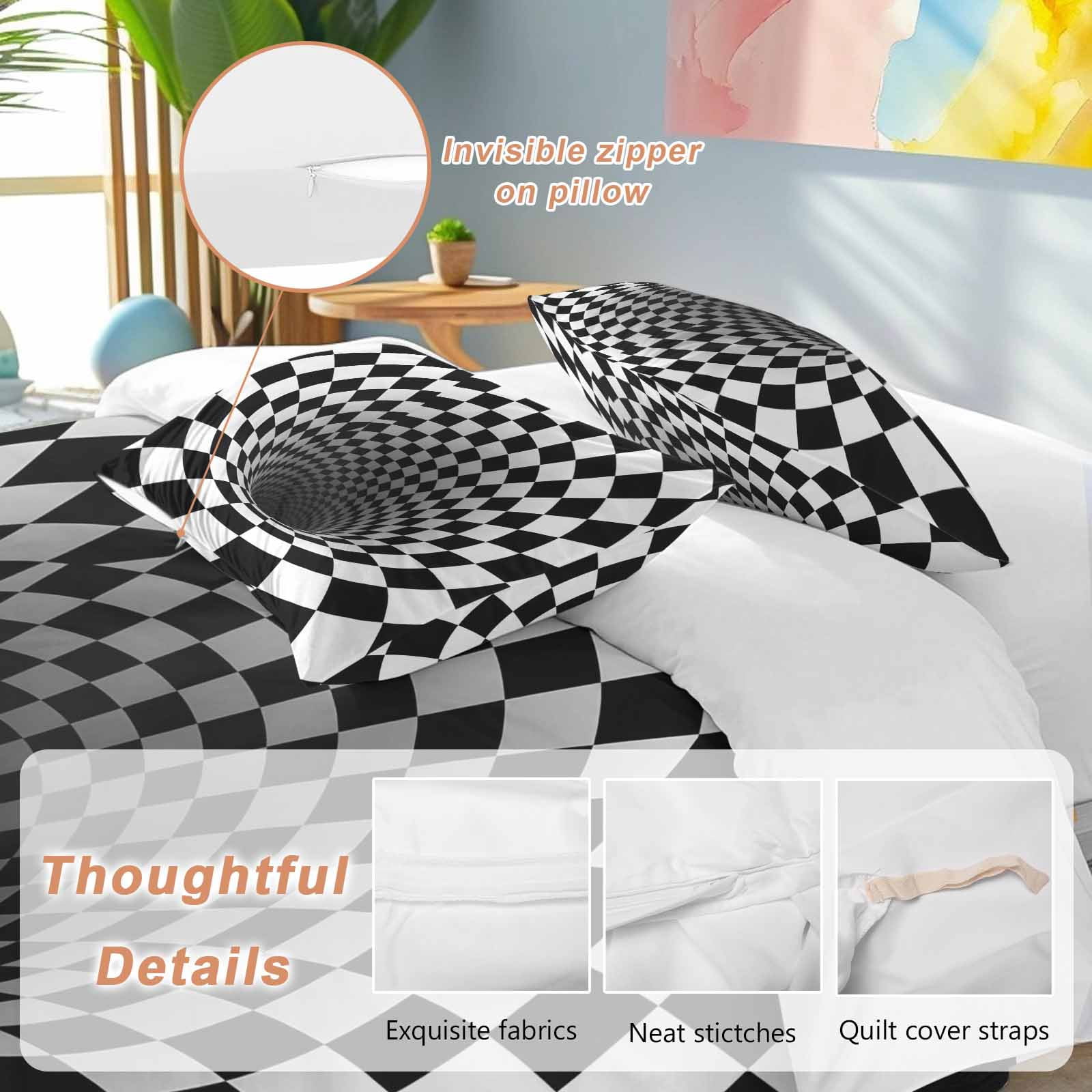 3D Optical Illusion Bedding 3 Piece Duvet Cover Set Queen Size, Black White Checkered Gingham Plaid Vortex Microfiber Comforter Cover with Zipper Closure & Pillowcases, FadeResistant Quilt Cover