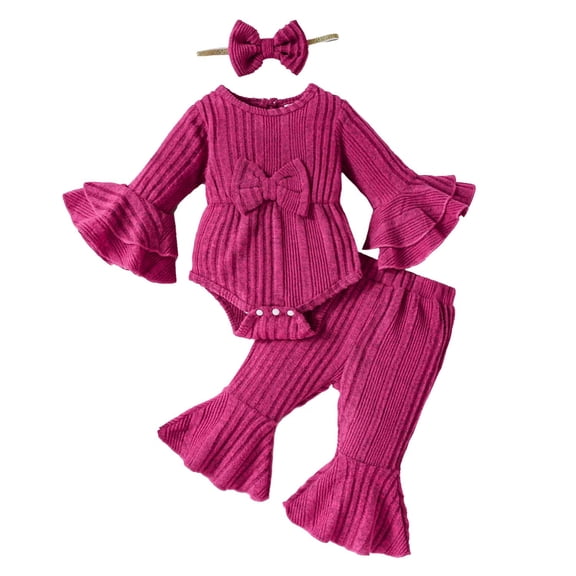 Kucnuzki Infant Baby Girls Outfits 12-18 Months Winter Clothes Ruffle Long Sleeves Bowknot Romper Solid Color Top Knitted Flared Pants with Headband 3pcs Warm Clothing Sets Pink