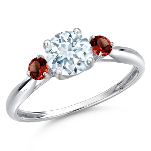 Gem Stone King 10K White Gold Sky Blue Aquamarine and Red Garnet 3-Stone Ring for Women | 1.05 Cttw | Round 6MM | Gemstone March Birthstone | Size 7