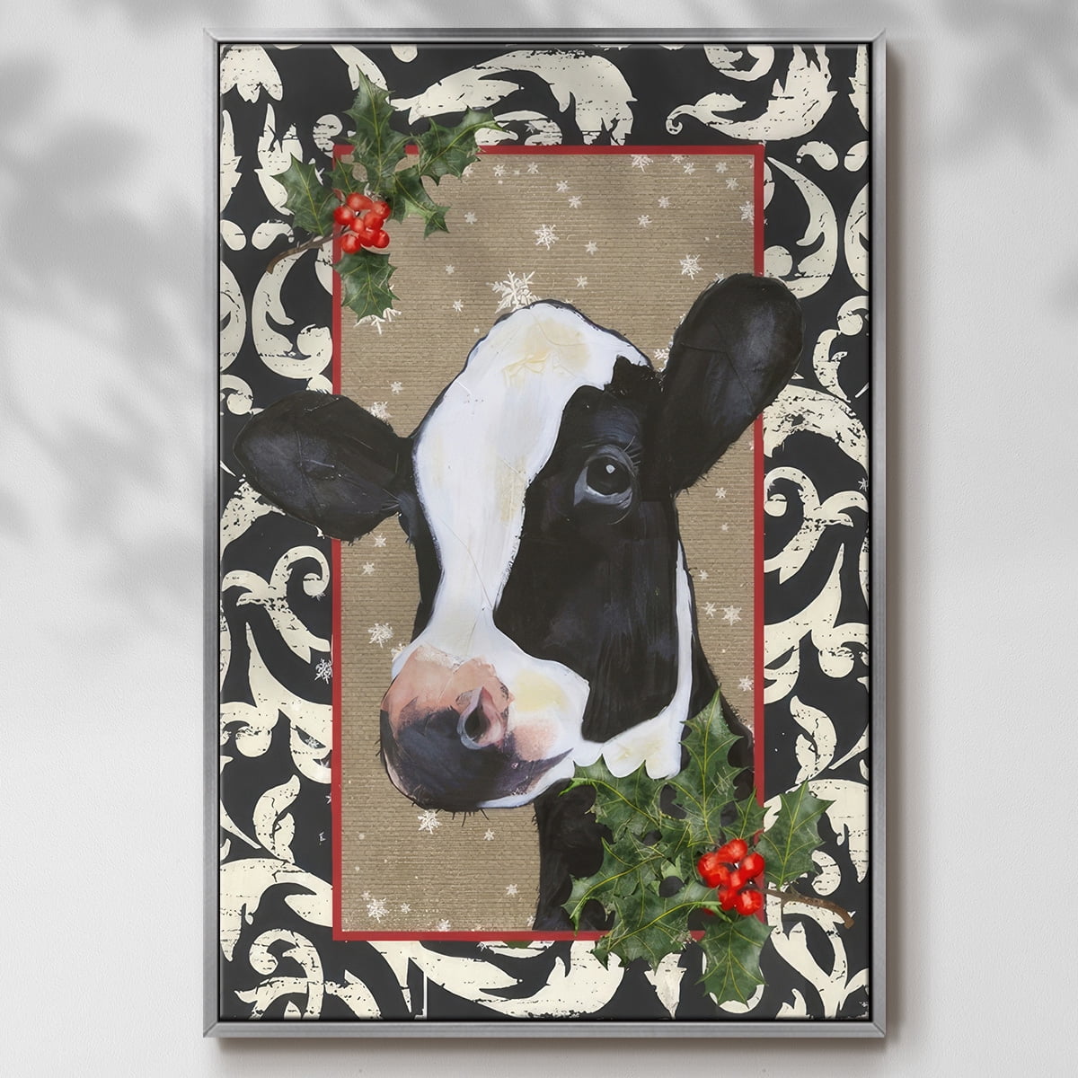 County Christmas Farm I - Framed Gallery Wrapped Holiday Canvas - 17 x 25 - Silver Frame