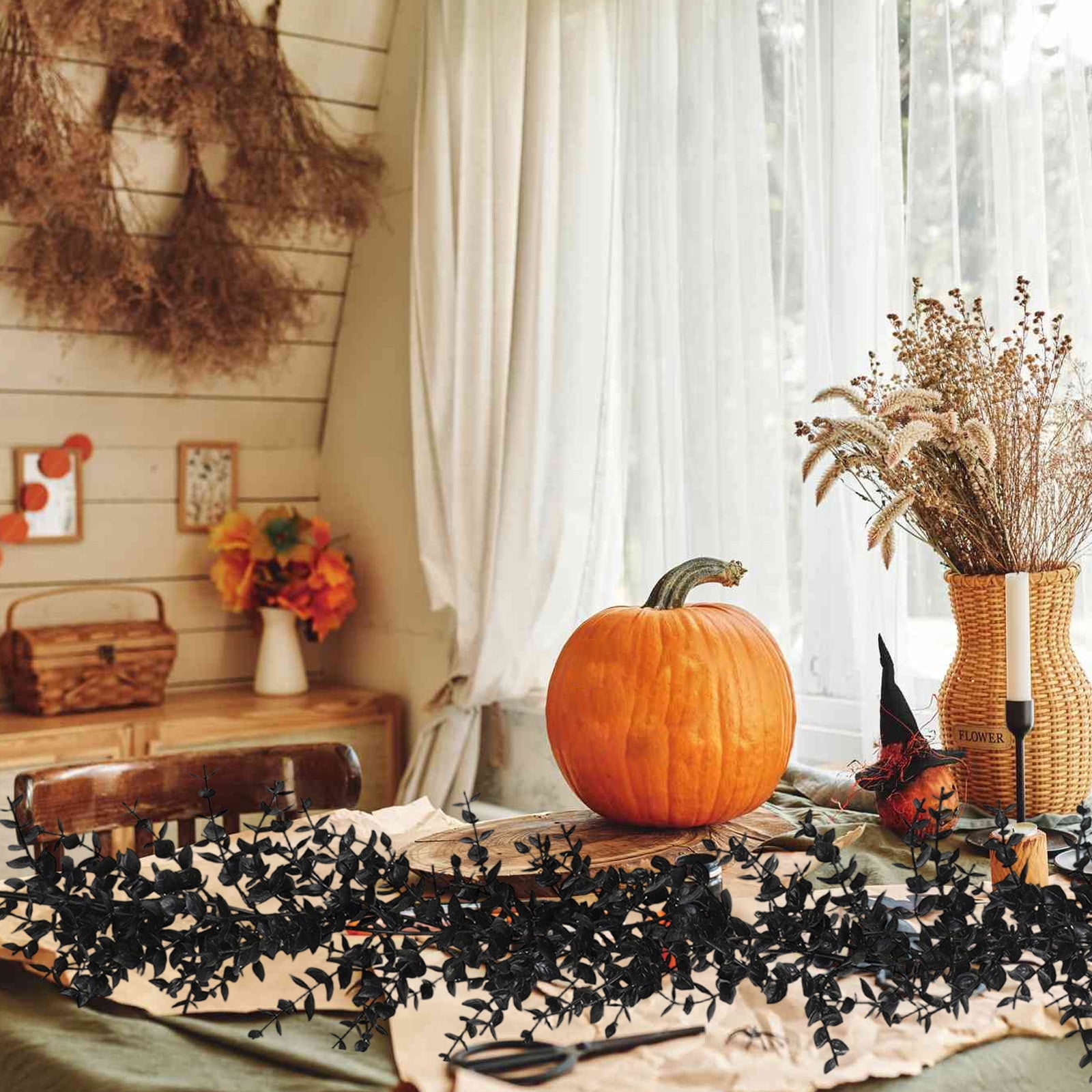 Tumdkd Black Halloween Leaves Garland 70" Plastic Floral Hanging Decor Indoor Outdoor Mantel Doorway Party Backdrop Prop