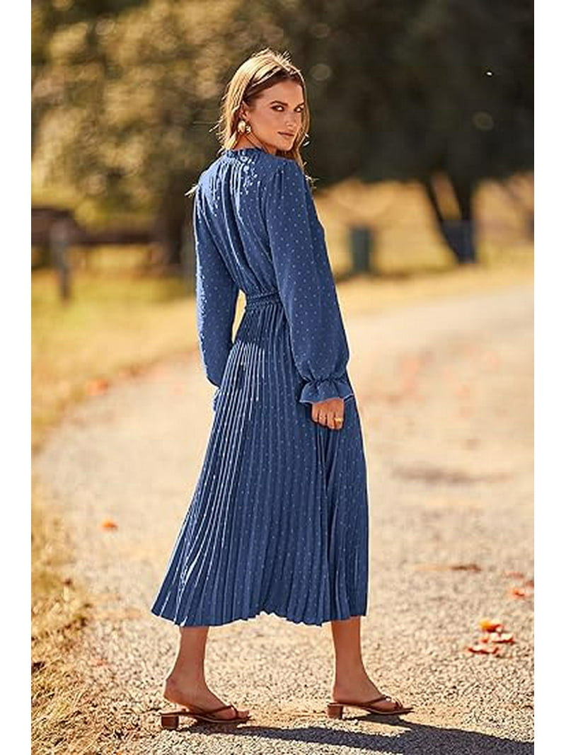 Prettygarden Women's Spring Fall Midi Dress Casual Long Sleeve V Neck Swiss Dot Pleated A Line Flowy Dresses, Size: XL, Blue