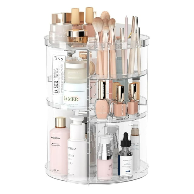 Rotating Makeup Organizer, DIY 8 Adjustable Layers Spinning Skincare Organizer, Cosmetic Display Case with Brush Holder Perfume Tray, Multi-Function Storage Carousel for Vanity Bathroom