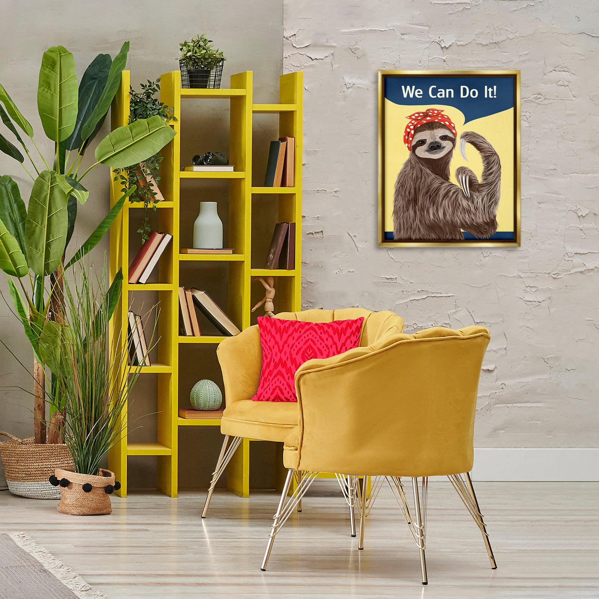 Stupell Industries We Can Classic Sloth Novelty & Humor Painting Gold Floater Framed Canvas Art Print Wall Art, 17 x 21