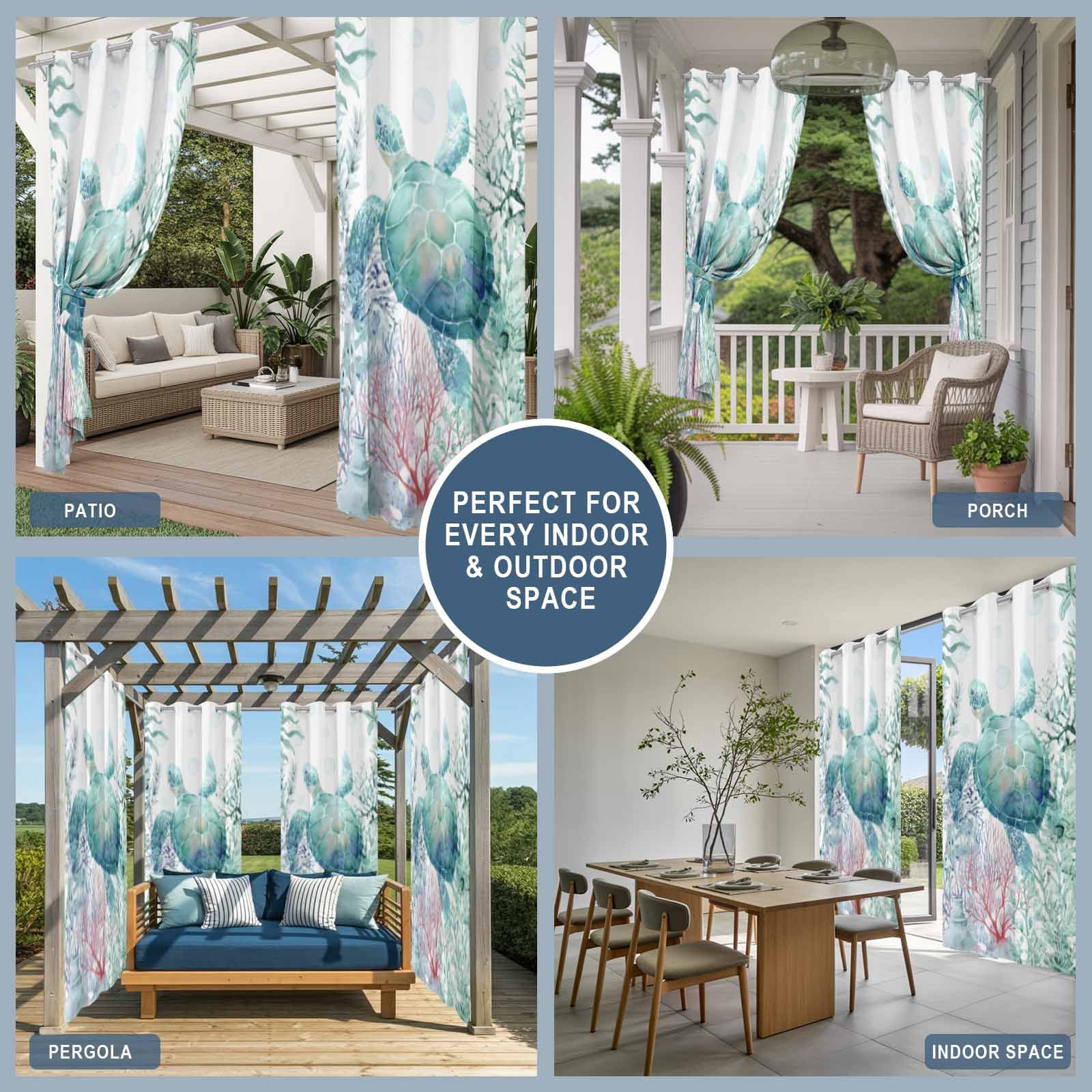 Oceans Animal Outdoor Curtains for Patio, Summer Green Sea Turtle Coral Seagrass Sunshade Privacy Drapes Grommet Waterproof Outside Curtains for Porch/Cabana/Balcony 54"x 108", 1 Panel