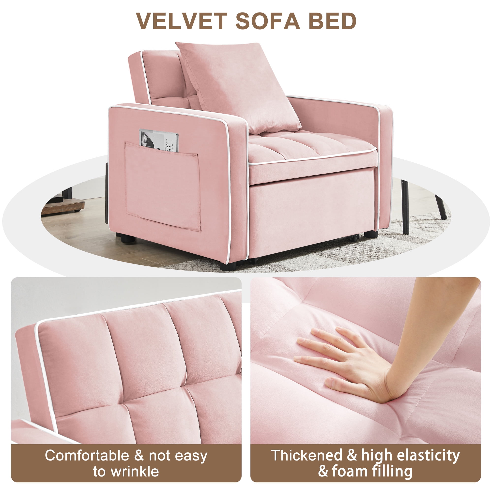 Aukfa Sleeper Chair Bed, Convertible Pull Out Sofa Bed for Living Room Apartment, Pink