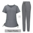 thumbnail image 2 of Jinhomg Scrubs for Women Set 2 Piece Casual Solid Medical Nurse Uniform Fashion Side Drawstring Tunic Tops with Elastic Waist Pants 2025 Workwear Spring Saving Gray L, 2 of 5
