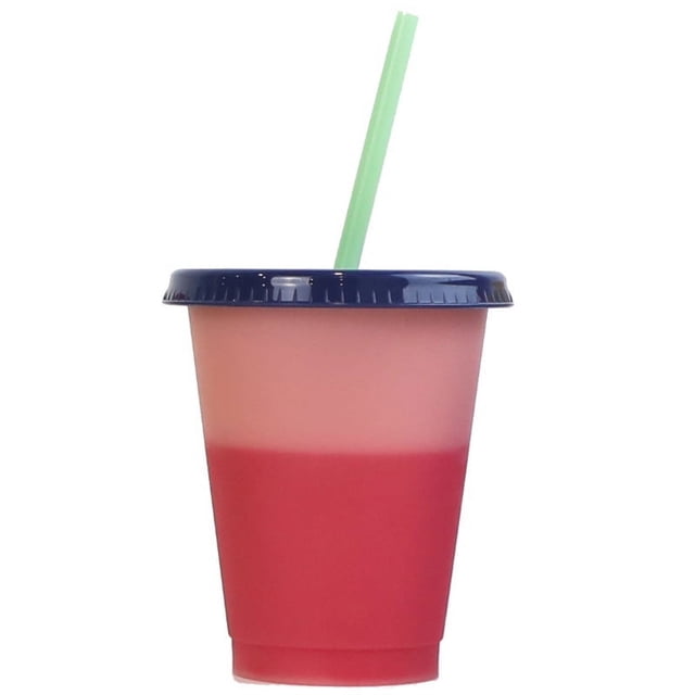 Creative Color Changing Cup with Lid and Straw Reusable Plastic Short Cold Drink Cup for Adult Children(Orange)