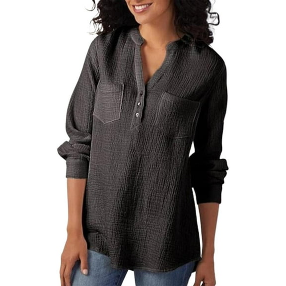 TRUBKH Button Down Shirts Long Sleeve Shirts for Women Linen Tops for Women Casual Shirts for Women Autumn and New V Neck Pocket Cotton Linen Size Long Sleeved Shirt Top Button Down Shirt Black L