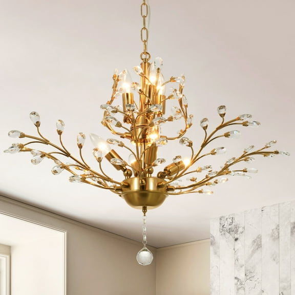 Gold Crystal Chandelier, Farmhouse 7-Light Large Branch Pendant Light, 2-Tier Vintage Flower Ceiling Hanging Chandelier for Dining Room, Living Room, Kitchen, Hallway