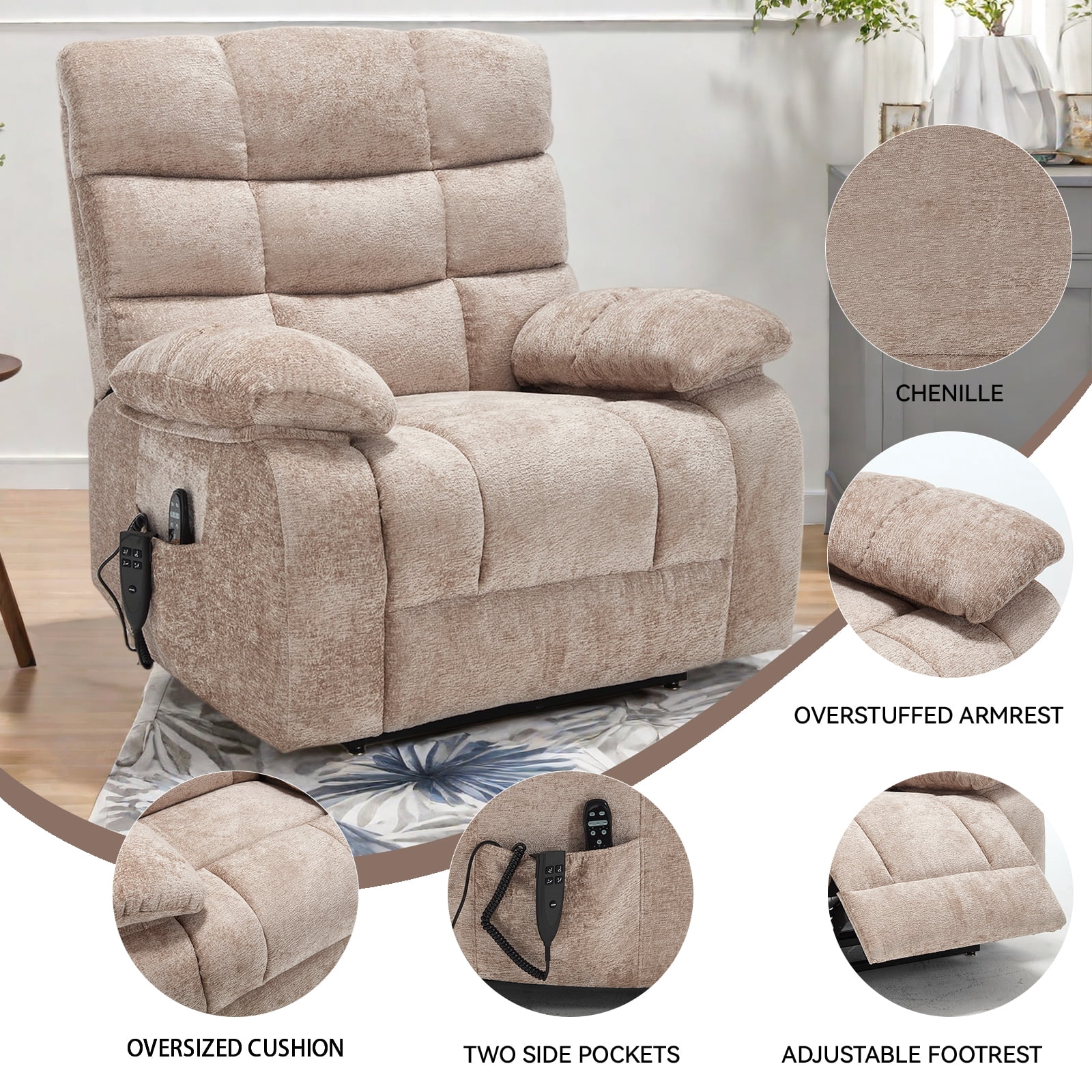 Power Lift Recliner Chair, Heat Massage Dual Motor Infinite Position 350 LBS Heavy Duty, Electric Remote Recliner for Elderly, Medium-Firm Chenille, Beige