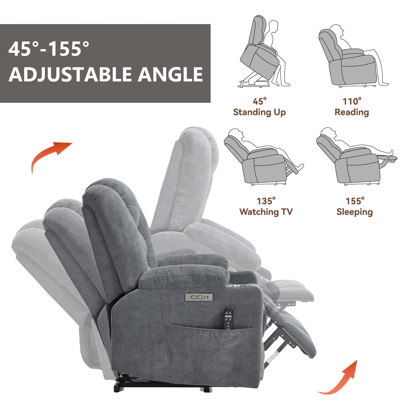 MAYEERTY Grey Chenille 350lbs Power Lift Recliner, Massage Heat USB-C 34"x39"x42" Wide Overstuffed for Elderly