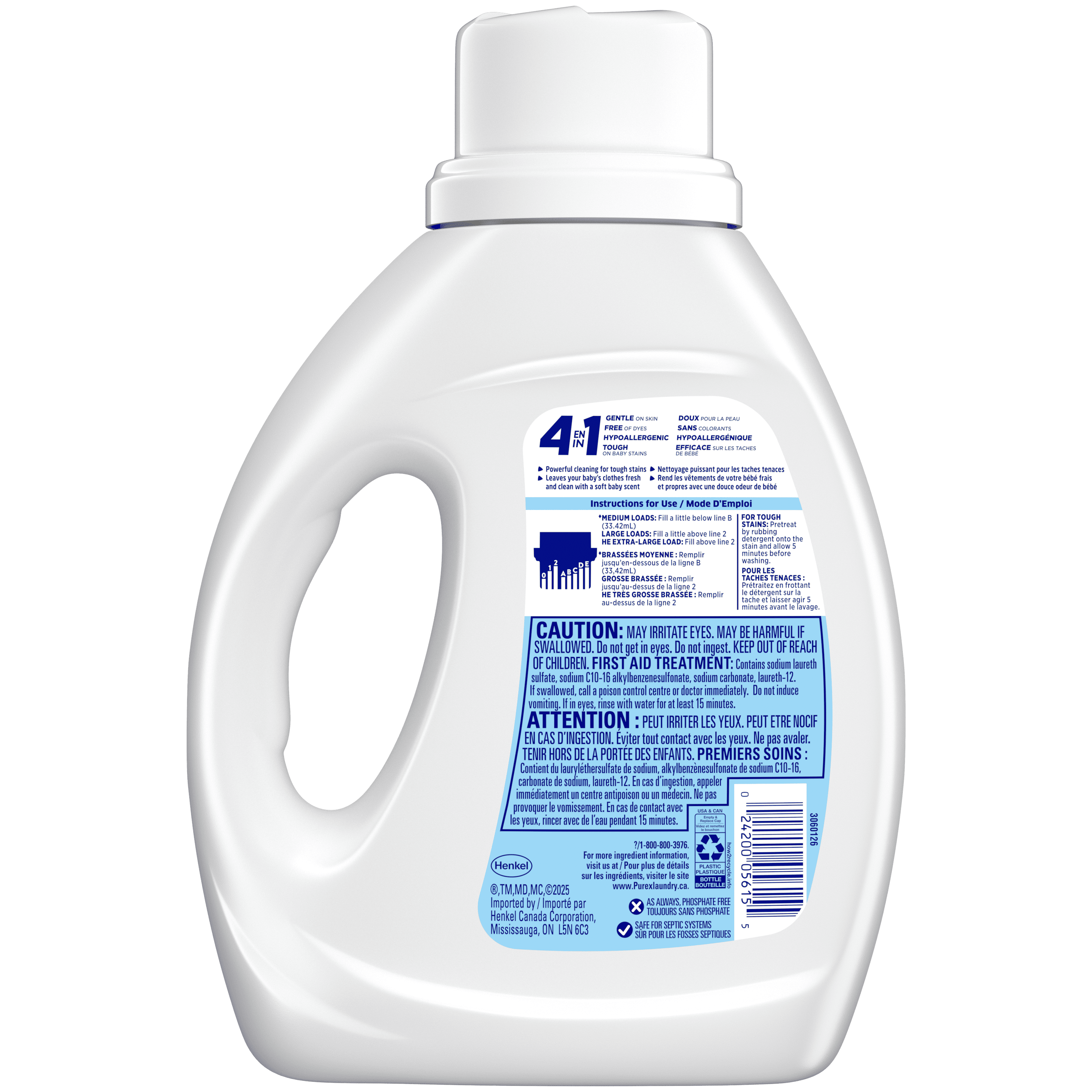 Détergent à lessive liquide hypoallergénique concentré, Purex Baby Soft, sans colorant, testé par des dermatologues pédiatriques, 1,17 L, 35 brassées, compatible avec les laveuses HE