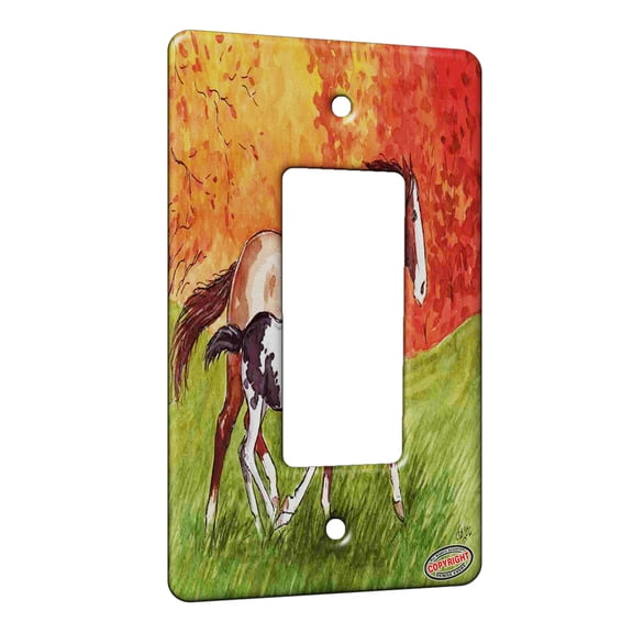 KuzmarK™ 1 Gang Rocker Wall Plate - Red Roan Mare and Black Pinto Foal Horse Art by Denise Every