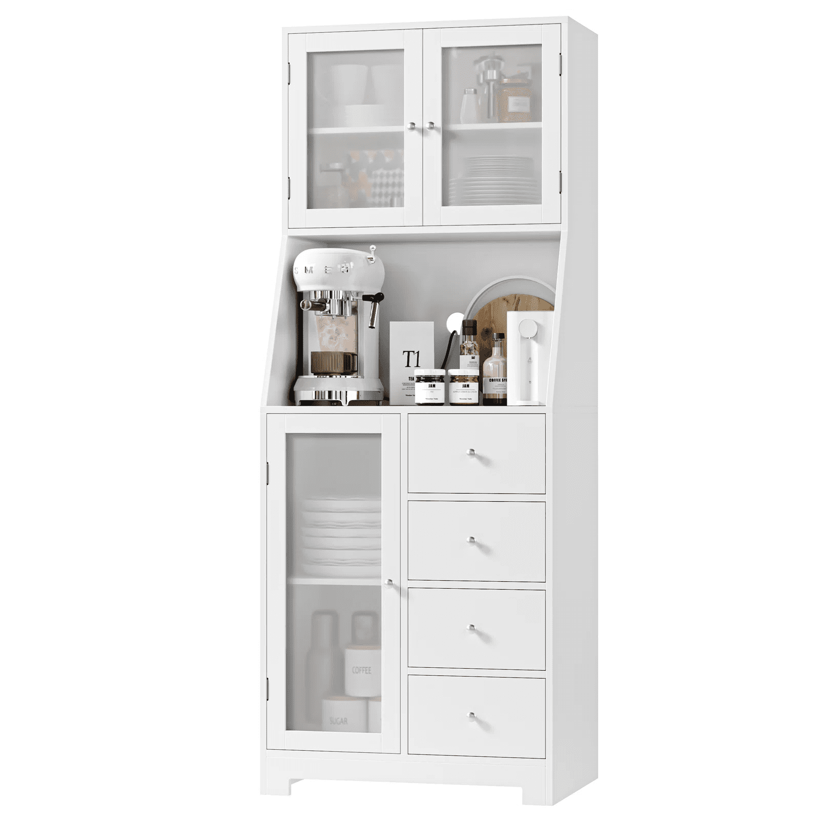 Homfa 64.1'' Kitchen Pantry with Microwave Shelf, 4 Drawers Storage Cabinets with Glass Door for Dining Room, White