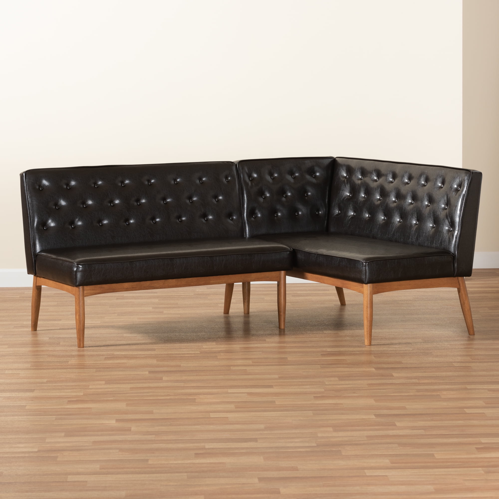 Baxton Studio Riordan Mid-Century Modern Dark Brown Faux Leather Upholstered and Walnut Brown Finished Wood 2-Piece Dining Nook Banquette Set