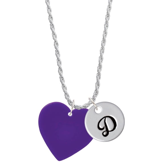Delight Jewelry Acrylic 1" Purple Heart Silvertone Script Initial Disc - D - Charm Necklace, 20"+3"