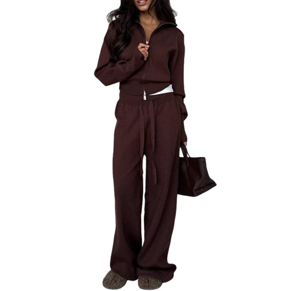 Womens 2 Piece Sweatsuits Set Long Sleeve Zip Up Sweatshirt Wide Leg Sweatpants Lounge Sets Brown S