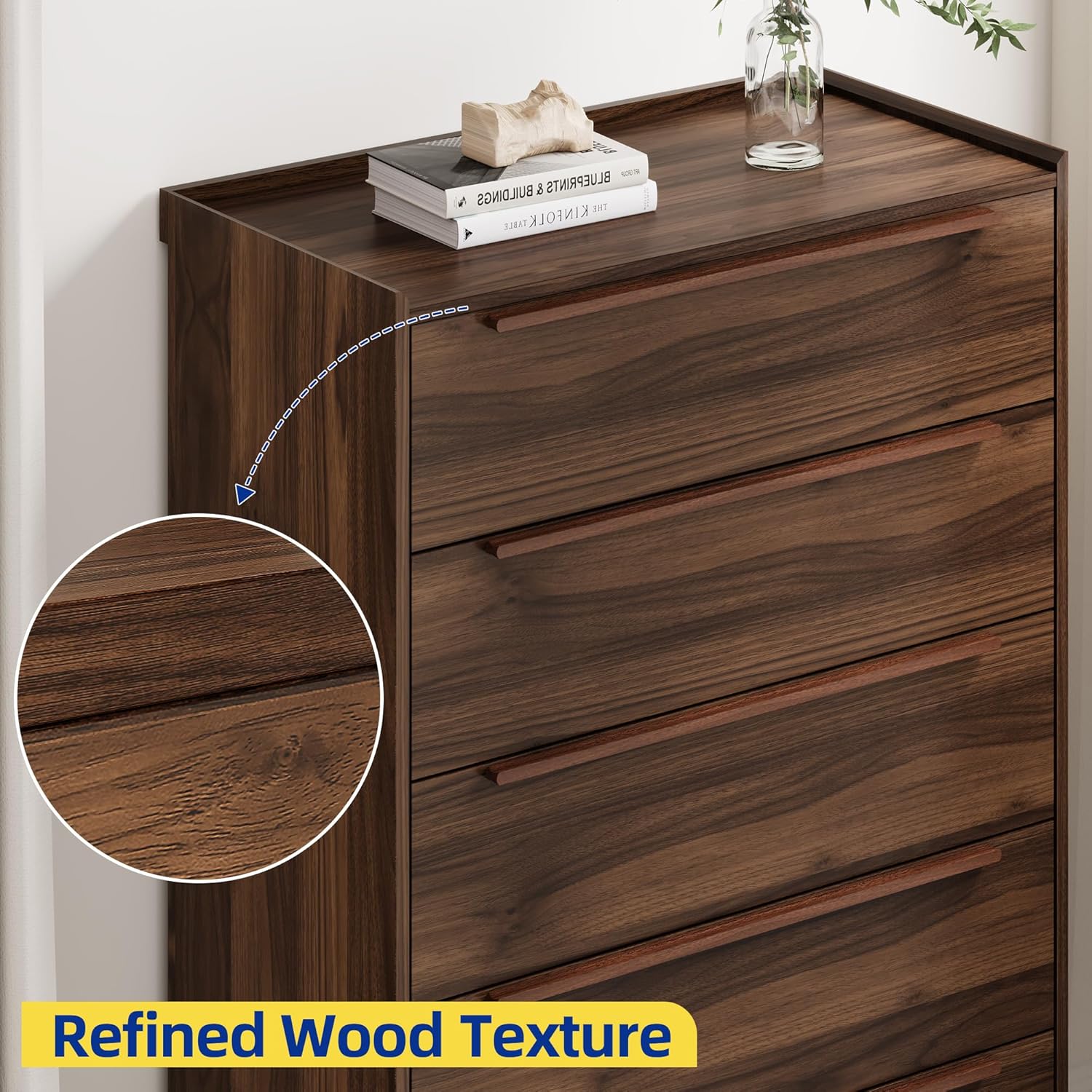 5-Drawer Dresser, 48" Tall Walnut Chest of Drawers for Bedroom, Mid Century Modern Storage Organizer for Closet, Hallway, or Small Apartment