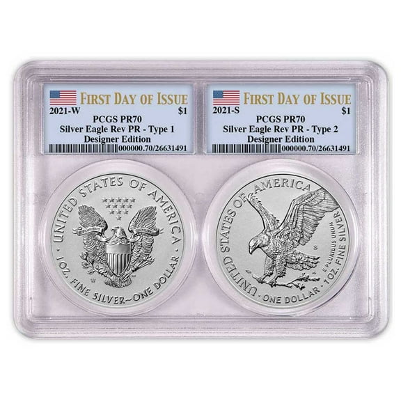 2021 Reverse Proof American Silver Eagle Designer 2pc Set PCGS PR70 FDOI Flag Label Dual Core