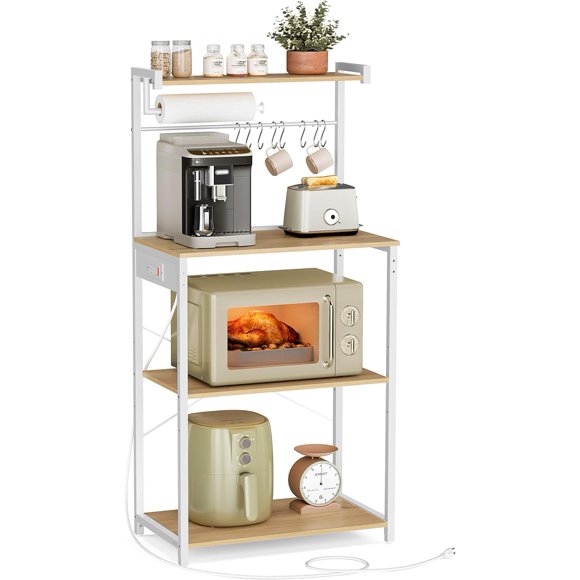 SONGMICS HOME Kitchen Bakers Rack with Power Outlet, Coffee Bar 4-Tier with 8 S Hooks, Microwave Stand, Adjustable Shelf, for Small Spaces, Golden Oak and Cloud White UKKS014Y01