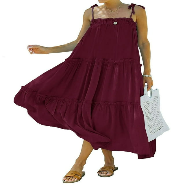 PENGXIANG Robe Longue Maxi à Bretelles Spaghetti d'Été pour Femmes Robe à Volants Haute Basse Robe Longue Ample à Étages Fluide de Plage Abricot TG