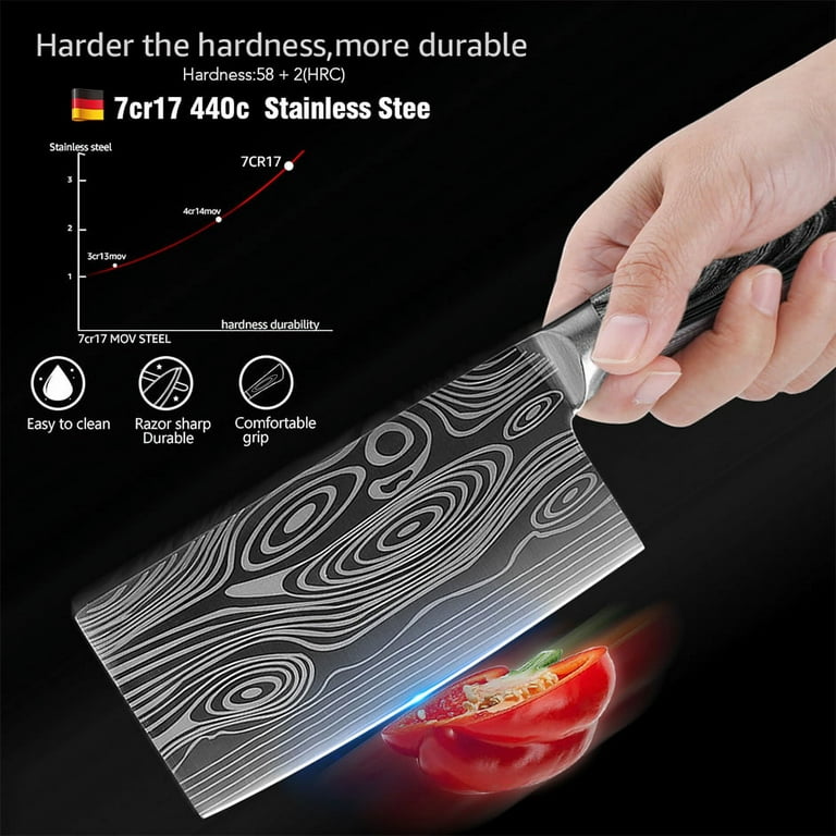 Kitchen Knife 7 inch Chinese Meat Cleaver Knife Damascus Laser Chef Knife  Bone Chopping Knife Butcher Knife German Stainless Steel Ergonomic Handle 