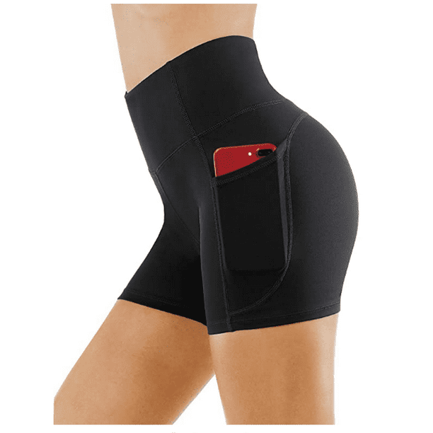 Short Femme Taille Haute avec Poches Latérales, Adapté pour l'Exercice et le Yoga Noir XL