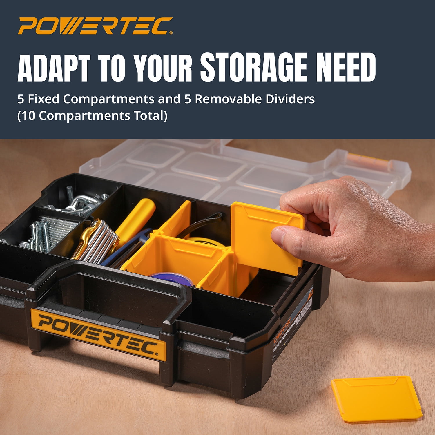 POWERTEC Small Parts Organizer & Tool Box – 10 Compartments, Stackable Storage with Removable Dividers, Clear Lid, Portable Design (72117N)