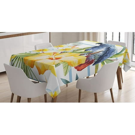 

Mindunm Parrot Tablecloth Tropic Pattern Bird Orchids and Hibiscus Flowers Hawaiian Jungle Style Image Rectangular Table Cover for Dining Room Kitchen Decor 60 X 84 White Yellow