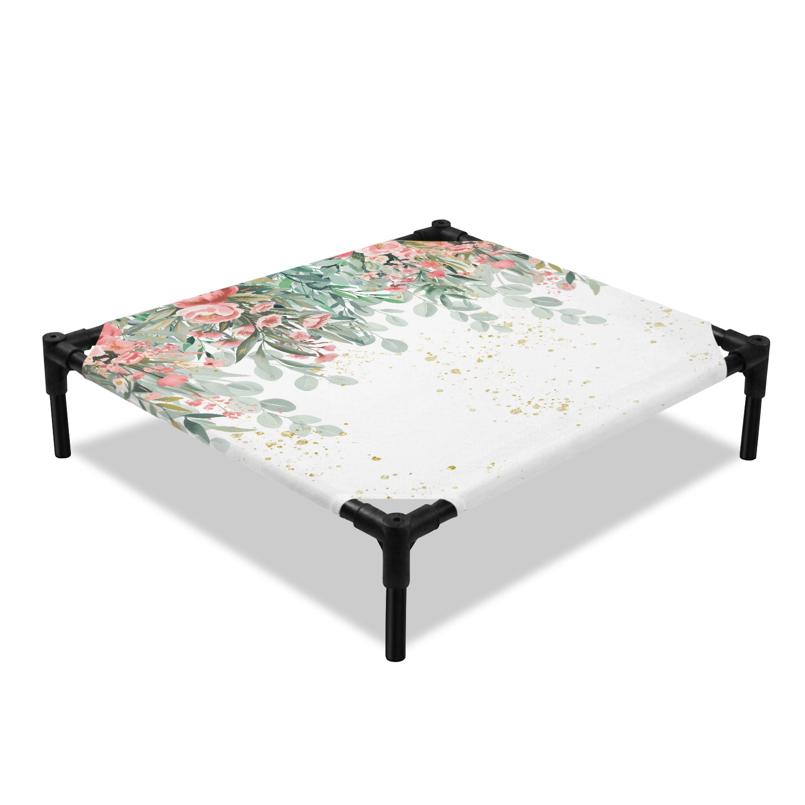Spring Floral Elevated Dog Bed Retro Red Flower Watercolor Green Leaf Cooling Breathable Outdoor Raised Dog Cot Bed with Metal Frame Non-Slip Feet for Small Dog 20x20in